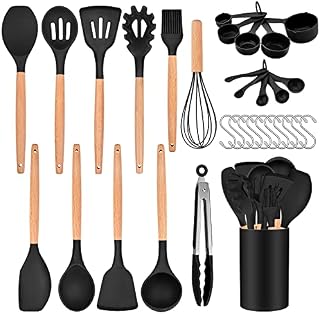Homikit 32Pcs Kitchen Utensils Set, Silicone Cooking Utensil with Holder, Heat Resistant Kitchen Tools for Non-Stick Cookware, Kitchen Gadgets Turners Spatulas Spoons with Wooden Handle - Black