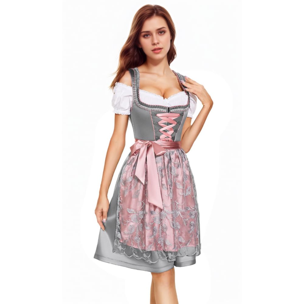 Dirndl Damen Midi Lang Dirndl Trachtenkleid Damen Dirndlkleid mit Spitze Trachtenmode inkl Dirndlbluse Dirndlschürze 3 teilig für Oktoberfest Karneval Besondere Anlässe