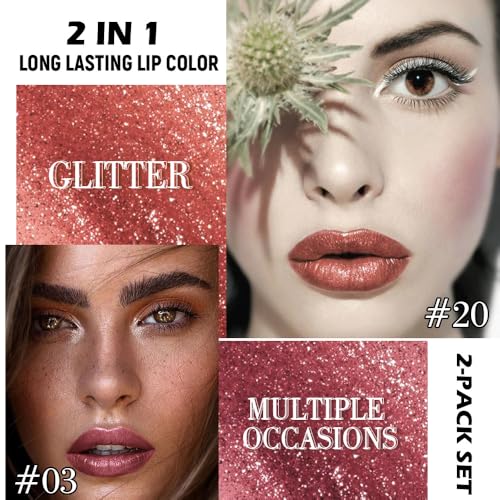Image of evpct 2Pcs Plum Red Brown Metallic Glitter Lip Liner and Lipstick Combo, Shimmery Lip Gloss Stain Set Makeup for Women Long Lasting Waterproof 24, Metallic Shimmer Iridescent Glossy Liquid Lipstick