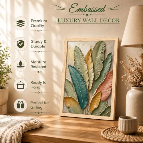 Image of PAINTINGMANTRA Textured Embossed Leaf Framed Wall Art Painting for Wall Decoration, Multi-Color Feather & Leaf Motifs Poster with frame for Living room, bedroom, Home and office, 10x13 Inch