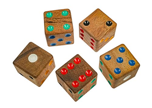 LOGOPLAY Juego de 5 dados de madera, 4 cm de longitud de cantos de madera con puntos de colores