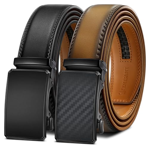 Image of KEMISANT Men Belt 2 Pack, Leather Ratchet Belt Easy Click Slide For Men 1 3 /8 inch,Cut for Fit