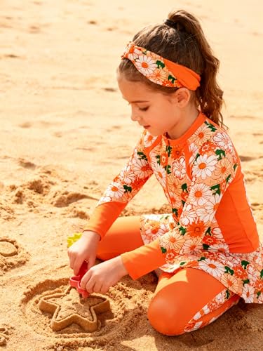 Image of Girls Long Sleeve Rashguard Half Zip Swimsuits UPF 50+ Two Piece Swim Sets with Hairband 5-12Y | Two Piece Swim Sets with Hairband