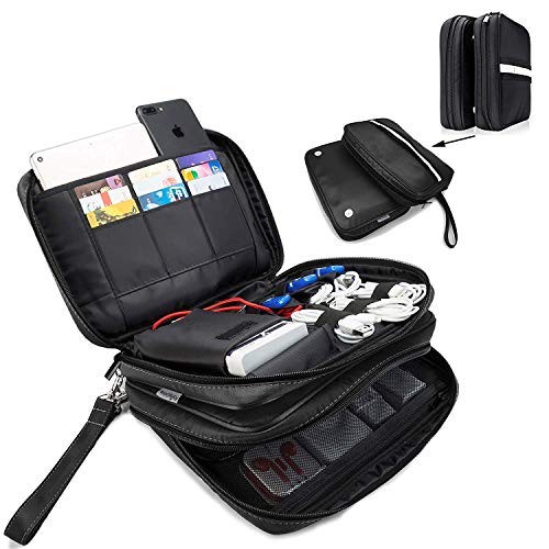 FLYINGCOLORS Electronic Organizer Double Layer Detachable Universal Waterproof Travel Cable Case Cord Accessories Storage Bag for Cable, iPad, Phone, Charger, USB, SD Card (Black White)
