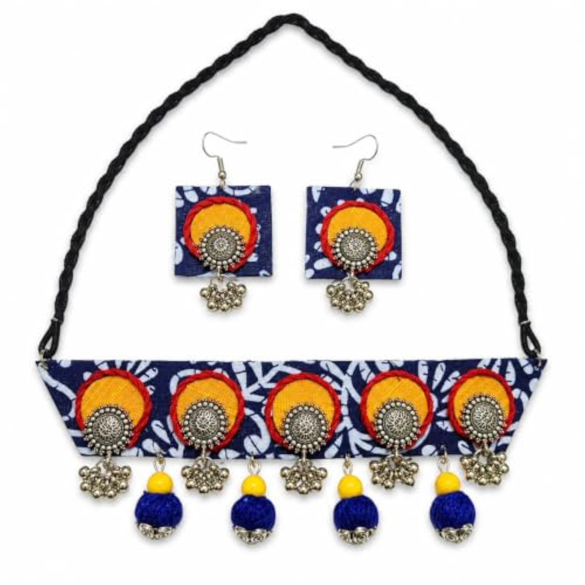 Indigo Blue & Yellow Printed Fabric Choker Necklace Set with Earrings