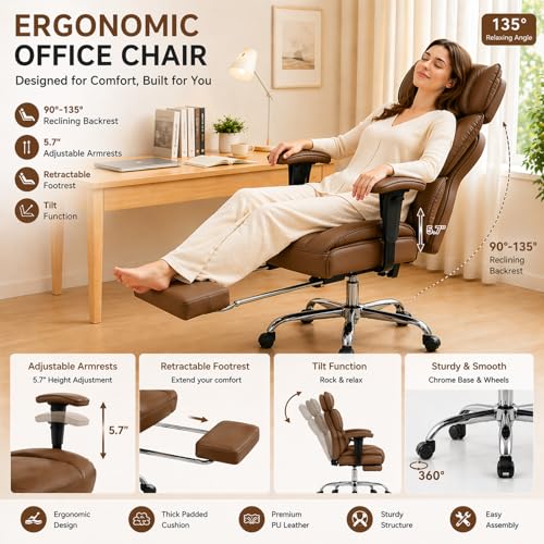 Image of Big and Tall Office Chair 350 LBS, Scratch-Resistant PU Leather Executive Office Desk Chair with Footrest, Ergonomic Reclining Computer Chair with Pocket Spring Support for Home Office, Brown