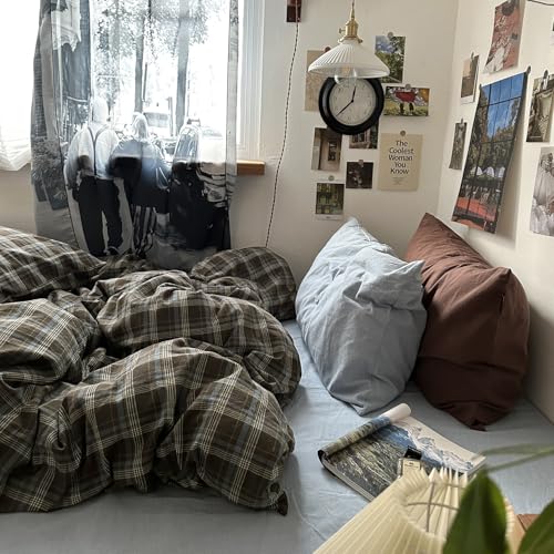 Image of MKXI Twin Size Blue, Brown & Green Buffalo Plaid Duvet Cover Set - 3 Piece Vintage Aesthetic Bedding Set, 100% Washed Cotton, Minimalist Design, Soft & Breathable Duvet Cover with Zipper Closure