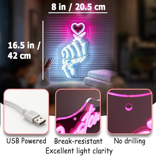 Image of White&Pink Neon Sign Led Neon Lights Signs for Wall Decor USB Powered Led Signs for Room Decoration-Skeleton Finger Heart