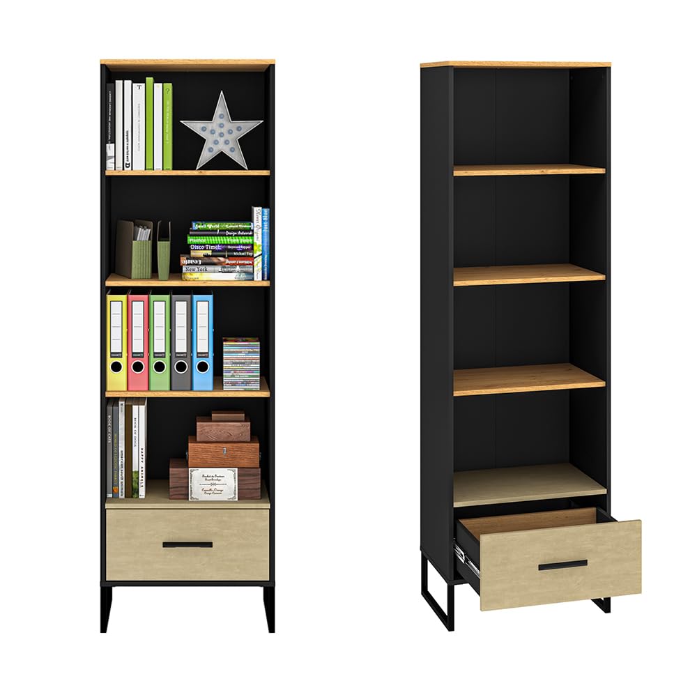 Lomadox Jugendzimmer Set 5-teilig mit Schreibtisch, Kleiderschrank, Regal, Sideboard, Wandboard in Eiche schwarz Sandfarben modern