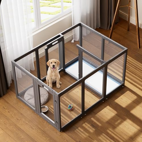 Image of Clear Acrylic Dog Playpen Indoor, Puppy Cat Small Pet Play Pen, Pet Cat Playpen for Rabbits, Dog Fence Crate Kennel Whelping Cage (35 inch, Black, 12 Panel)
