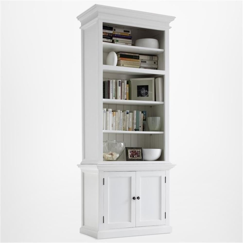Beaumont Lane Wood Bookcase with 4 Shelves and Storage, Pure White Finish, Solid Mahogany, Adjustable Shelving, Shaker Style Doors, Antique Brass