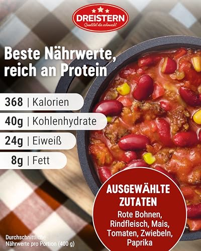 DREISTERN Chili con Carne 400g I Mit Rindfleisch & Gemüse I High-Protein-Eintopf mit hochwertigen Nährwerten I Lange Haltbarkeit & ohne zugesetzte Konservierungsstoffe I Hausmacher Qualität