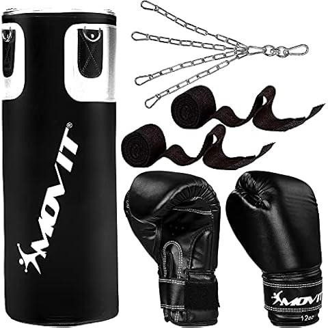 Movit® Boxsack-Set 25 kg, gefüllt, inkl. Boxsack (Höhe 80cm x Durchmesser 30cm), 12 oz Boxhandschuhe, Boxbandagen, für Erwachsene, Boxing Boxen, schwarz Cover