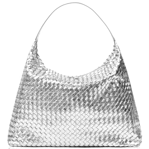 JINMANXUE Sacola de tecido para mulheres, bolsas de tecido com bolsa pequena, bolsa Bottega Veneta, bolsa Hobo com alça superior trançada grande (prata brilhante), Prata brilhante