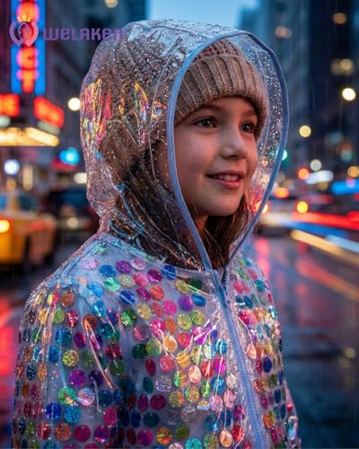 Image of WELAKEN Girls Sequin Raincoat Waterproof Reusable Hooded Outwear Rain Jacket with Lining