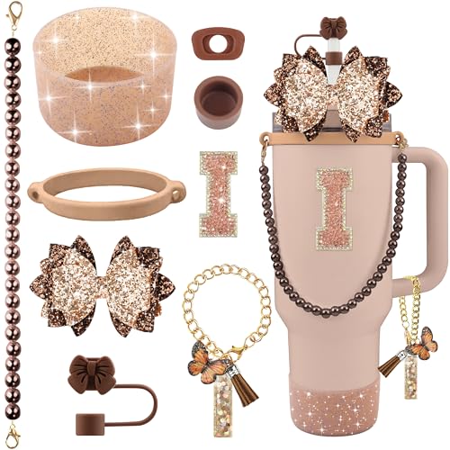 Hpebl 9PCS Brown for Stanley Cup Accessories Set Bling Initials Bow Charms for Stanley Decorations 30/40 Oz Tumbler Accessories Including Bow Straw Topper, Handle Strap, Spill Stopper（Letter I） - image 1