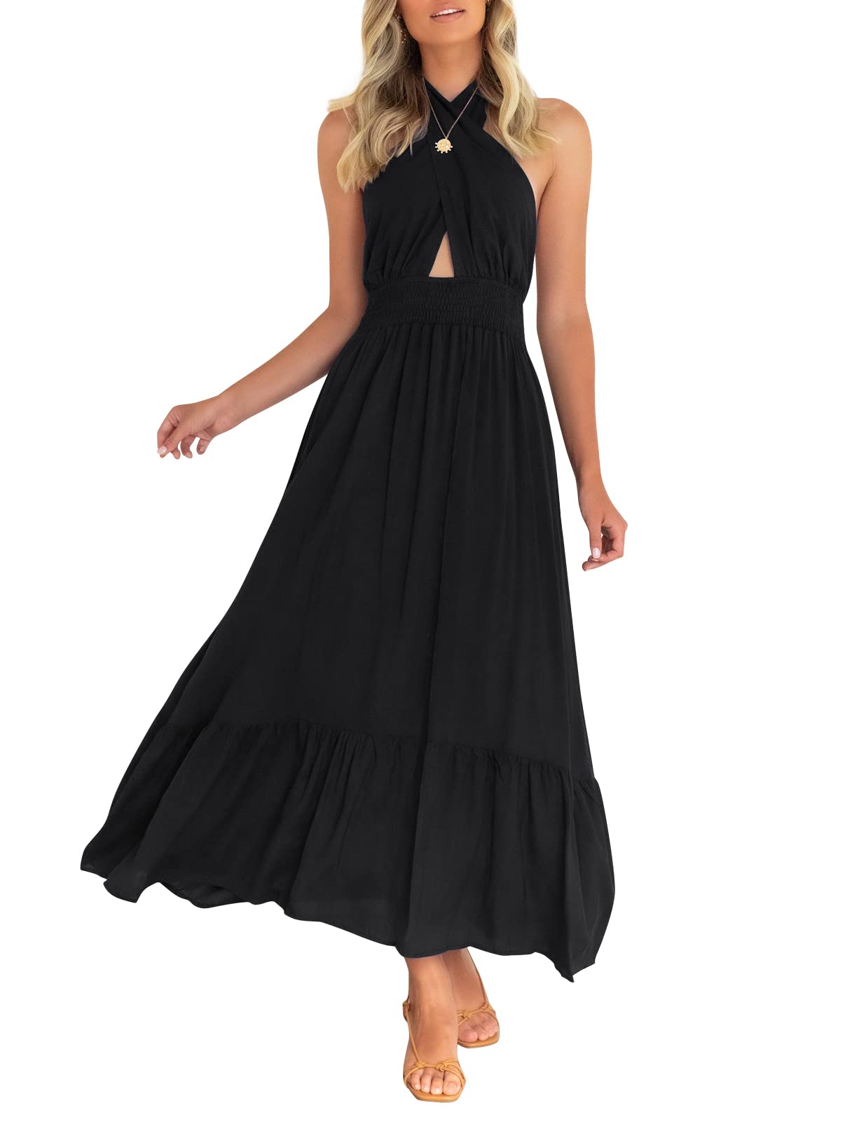 ZESICA Women's 2023 Summer Crossover Halter Neck Sleeveless Plaid Cut Out Backless Flowy A Line Maxi Dress,Black,Medium