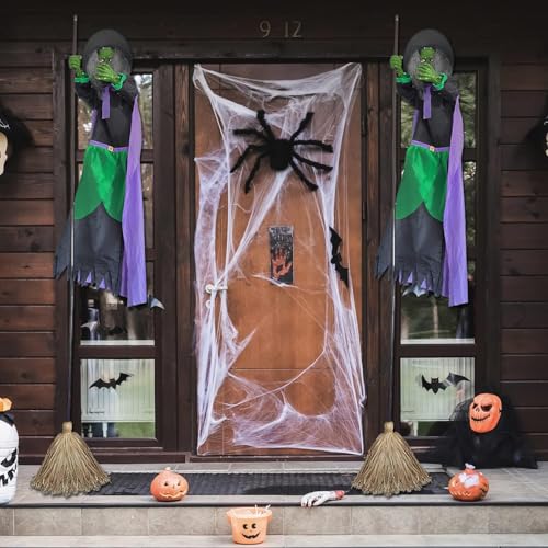 Schwimmende Hexe | 2,5 m lange fliegende Hexe im Freien Halloween-Dekor auf Besen – realistische realistische Dekoration für Haustür, Garten, Veranda, Haustür – Bild 3