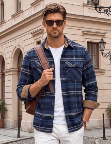 Image of Cotrasen Mens Flannel Shirts Cotton Plaid Button Down Shirt | Long Sleeve, Corduroy Collared, Soft,Breathable, Work, Western, Trendy, Casual Classic Flannel Shirt with Pocket