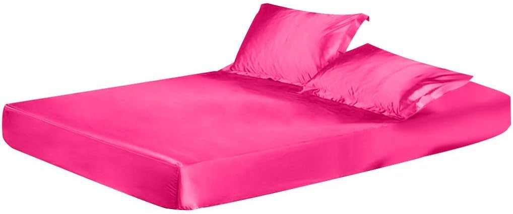 Satin Luxurious & Hotel Quality 4 Pcs (1 Flat + 1 Fitted + 2 Pillowcases) Sheet Set 100% Pure Silk Solid Color Soft Silky Free Fitted Sheet Straps (Queen, Hot Pink)