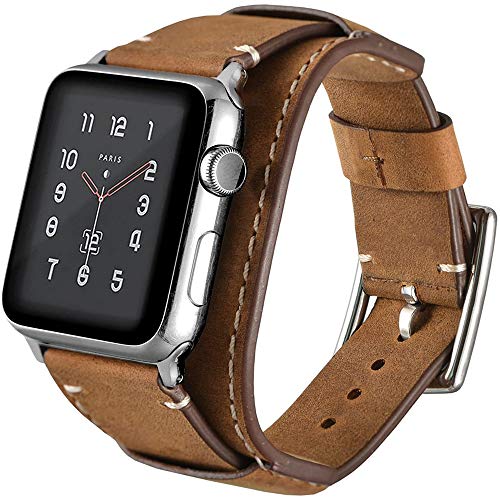 Sjiangqiao Compatible with Apple Watch Bands 45mm 44mm 42mm, Vintage Genuine Leather Crazy Horse Cuff Strap Sport Wristband Belt for iWatch Series 7 6 5 4 3 2 1 SE(Brown 45/44/42mm)