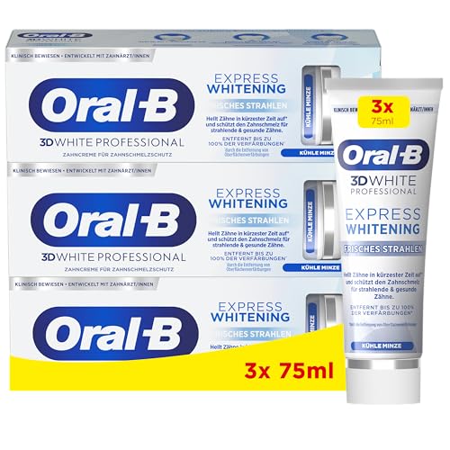 Oral-B 3D White Professional Express Whitening Zahnpasta/Zahncreme/Toothpaste für ein Frisches Strahlen, Zahnaufhellung in kürzester Zeit, Kühle Minze — 1x75ml (Packung mit 3)