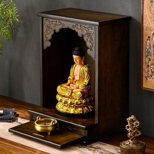 YVYKFZD 個人用 仏壇 神社祭壇テーブル ミニ仏壇、竹製仏像スタンド 供養台 小型仏壇、小さな瞑想 仏壇キャビネット 仏像ニッチ隠しトレイ付き、中国製供物 仏壇台 小さな仏壇 祭壇キャビネットプージャ用(Desktop,30cm/11.8")