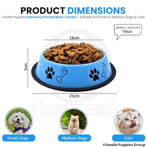 Image of Foodie Puppies Stainless Steel Dog Bowl Combo - (Medium, 700ml) Food and Water Feeding Gift Bowl | Suitable for Dogs, Cats and Other Pets I Paw Bone Print, Anti-Skid Rubber Base (White + Sky Blue)