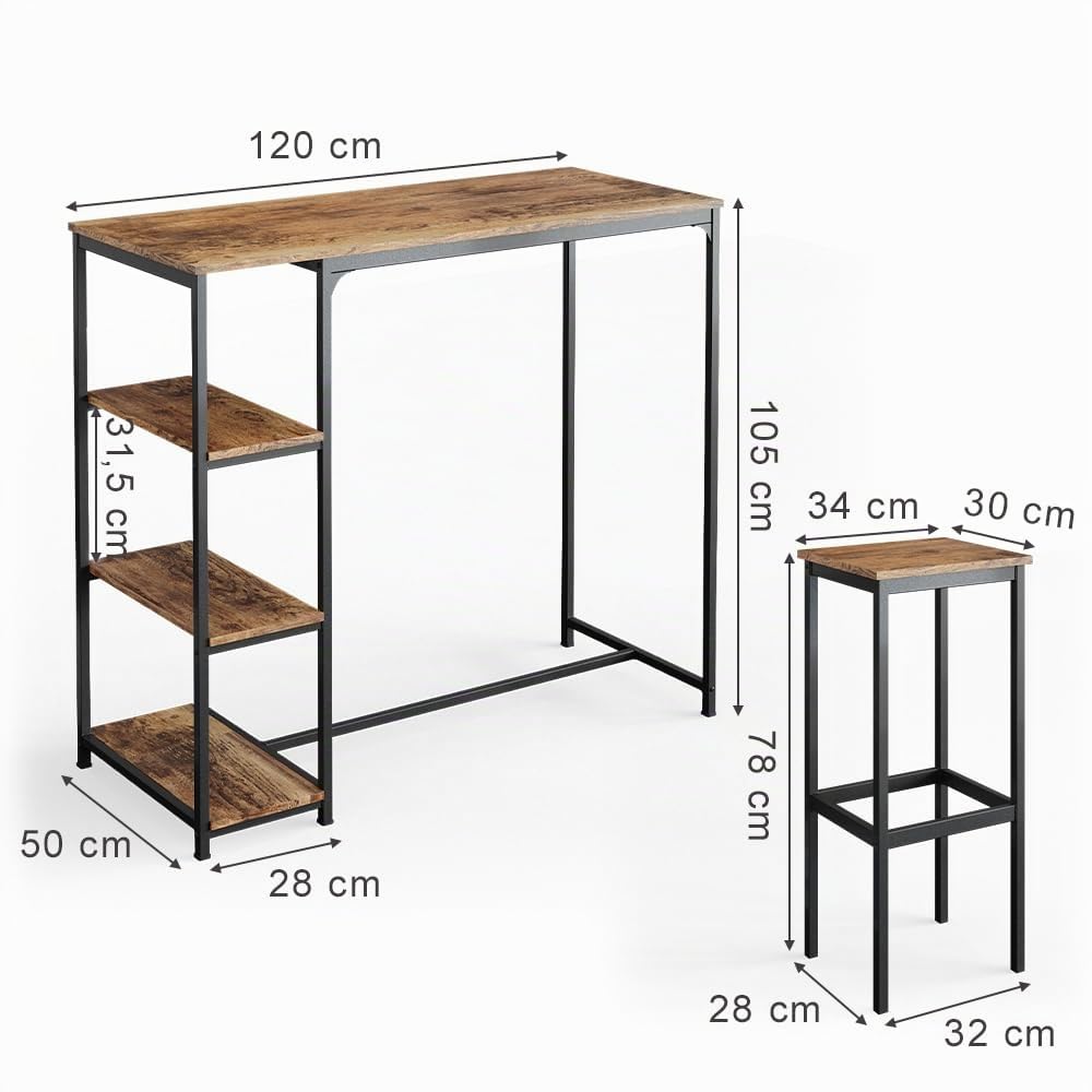 Vicco Set de Table de Bar Fyrk, Bois Antique, 120x50cm avec étagères et 2 tabourets de Bar, Convient aux comptoirs et Plans de Cuisine, empilable pour Le Rangement