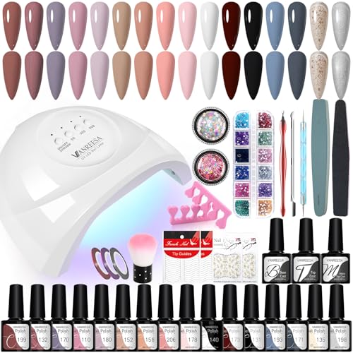 VANREESA Kit Uñas Semipermanentes 16 Colores con Lámpara U V 48W Uñas Semipermanentes Kit Completo con Mate Top Base Coat Kit Manicura Semipermanente Regalos para Mujeres