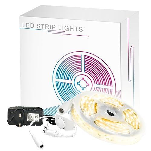 phopollo Warm White Led Strip Lights 5M with Plug, 12V 2700K Brightness 600 LEDs Flexible 2835 Led Lights for Kitchen Cabinet Stair, 1 Roll, 5m