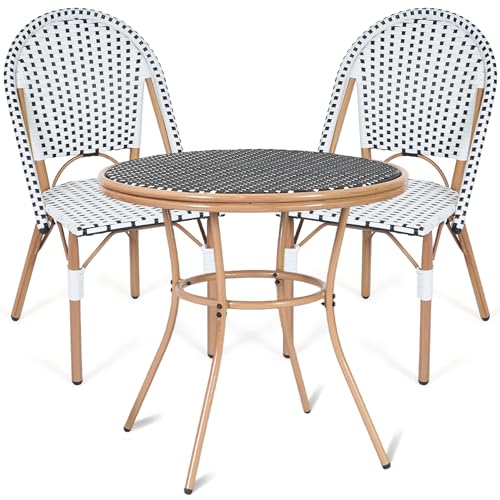 WENTUM 3-Piece Patio Dining Set Outdoor French Country Bistro Table and Chairs All-Weather Wicker Round Table & 2 Chairs w/Metal Frame for Backyard Balcony Black/White