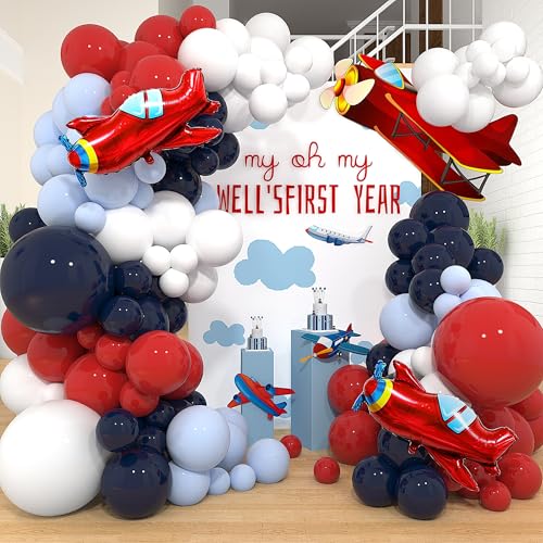 Image of Airplane Birthday Party Decorations 142pcs Airplane Balloon Garland Arch Kit Dusty Blue and Red White with 2Pcs Airplane Mylar Balloon for Time Flies Theme Birthday Baby Shower Party Supplies