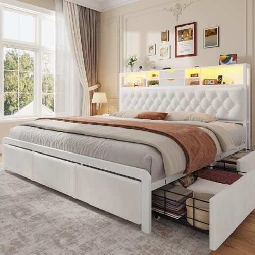 BTHFST King Bed Frame with Storage, LED, Charging, Beige