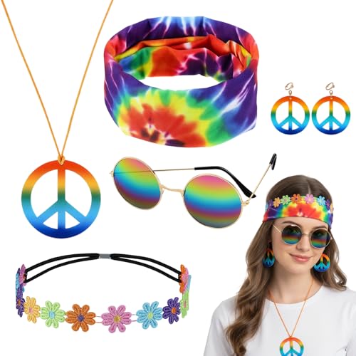 SongBuydn Disfraz hippie para mujer, juego de 6 piezas, disfraz hippie, accesorios de los años 70, pendientes de la paz y cadena, diadema hippie, ideal para fiestas musicales y fiestas
