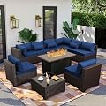 Rattaner 10 Pieces Outdoor Sectional All-Weather Wicker Patio Furniture Set Patio Sectional and Steel Fire Table and Glass Patio Table Non-Slip Cushions and Waterproof Covers, Navy Blue
