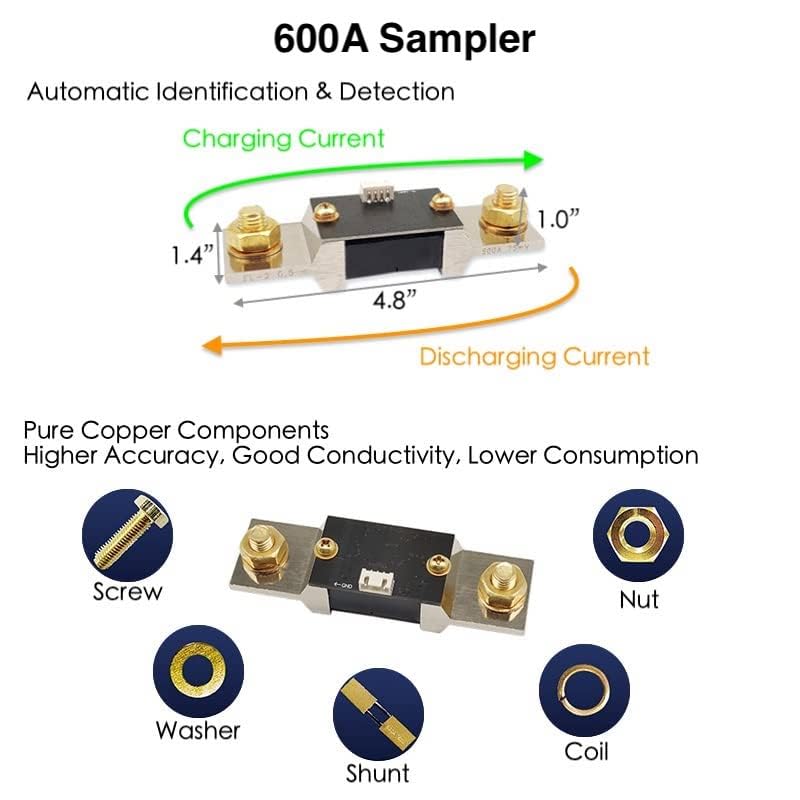 600A Bluetooth Battery Monitor, Wireless Voltage Current Meter with Smart Shunt 0-120V + 2.4'' HD Display, Support APP Control Coulometer for 12V RV Boat Golf Cart Battery (KG-160F)