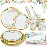 125 Stück Blumen Goldene Zierleiste Partygeschirr Set für 25 Gäste, Papier Teller Becher Servietten Strohhalme für Baby Shower Mädchen Junge Geburtstag Deko