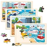 Wooden Puzzles for Kids Ages 3-5, 4 Packs Puzzles for Kids Ages 4-6, 24-Piece Truck Vehicle Wood Jigsaw Puzzles for Toddlers 3-5,Preschool Educational Toys Gifts for Children Ages 4-8 Boys (Vehicle)