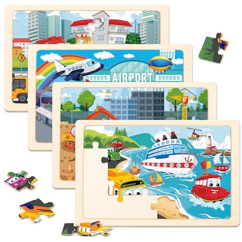Wooden Puzzles for Kids Ages 3-5, 4 Packs Puzzles for Kids Ages 4-6, 24-Piece Truck Vehicle Wood Jigsaw Puzzles for Toddlers 3-5,Preschool Educational Toys Gifts for Children Ages 4-8 Boys (Vehicle)