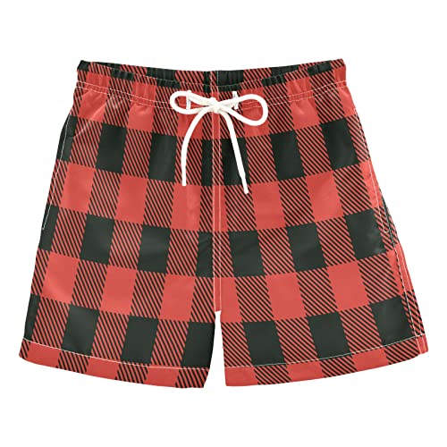 Red Black Buffalo Plaid Check Boys Swim Trunks Toddler Swim Board Shorts Quick Dry Little Boy Swimwear Bathing Suits