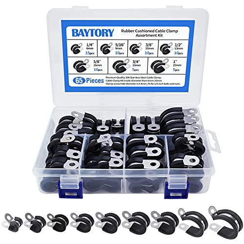 BAYTORY 65pcs Cable Clamps Assortment Kit, 304 Stainless Steel Thicker Rubber Cushion Wire Pipe Clamps in 7 Sizes 1/4" 5/16" 3/8" 1/2" 5/8" 3/4" 1", Come with Durable PP Storage Case with Chart