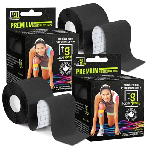 TapeGeeks 2 Pack Kinesiology Tape Athletic Tape Muscle Tape Sport Tape K Tape Black