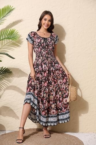 Image of OSTOO Women's Floral Maxi Dress Boho Summer Short Sleeve Smocked Waist Tiered Long Dress
