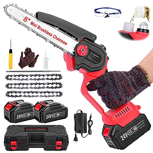 Fiutazge Mini Kettensäge mit Akku, 8 Zoll Akku KettensäGe, Tragbare 24V Einhand Brushless Motorsäge, mit 2 3.0Ah Akku und 3 Kette, mit Öltank, für Baumbeschneidung und Schneiden (Rot)