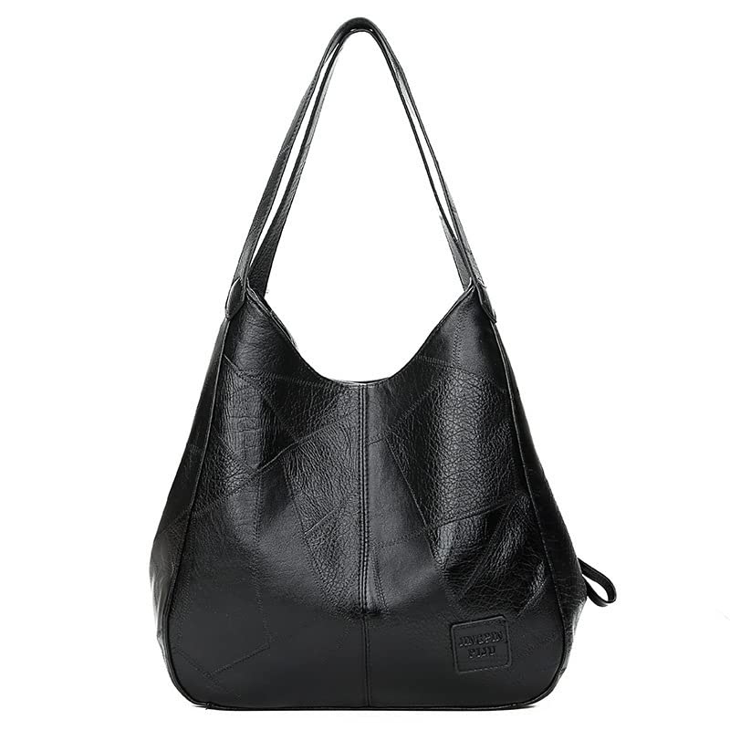 Saco de Mão Feminino Vintage Saco de Couro Mole Tot Saco de Múltiplos Compartimentos Grande Capacidade (Preto)