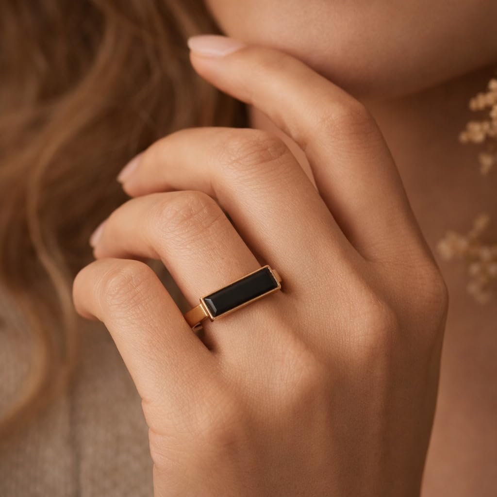 Minimalist Black Onyx Baguette Ring for Women 14K Yellow Gold Bar Ring Modern Bezel Set Statement Ring Handmade Jewelry Gift For Her