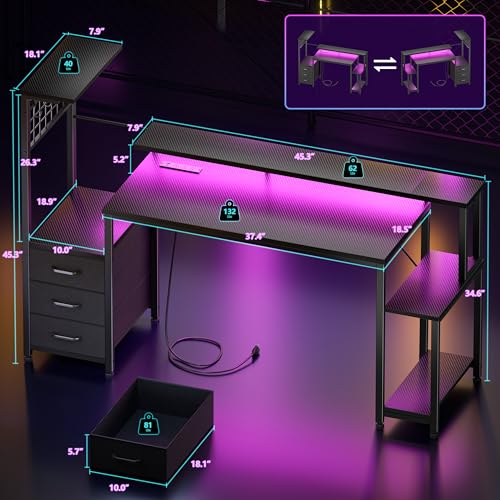 Image of Korfile 55 Inch Gaming Desk with Bluetooth LED Lights & Power Outlets,Computer Desk with Fabric Drawers & Hooks,Reversible Gamer Table with Monitor Stand for Game Room,Home Office,Carbon Fiber Black