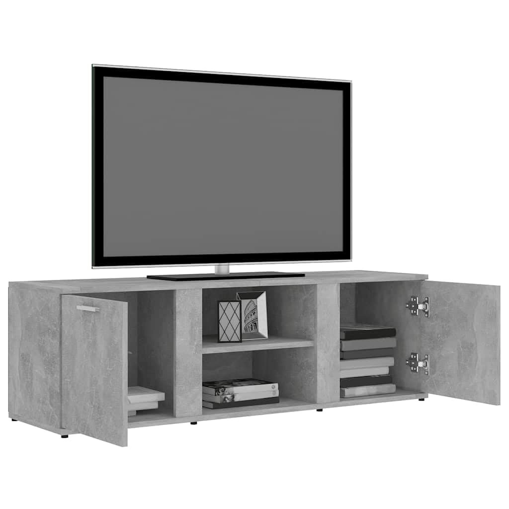 Mobile TV 120 x 34 x 37 cm, grigio cemento, con ante e ripiani aperti, in materiale a base di legno, per riporre dispositivi multimediali e riviste