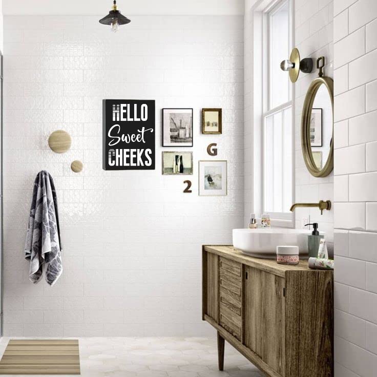 Bathroom Decor Modern Farmhouse Home Decor Rustic Black Wood Frame Plaque 6 X 8 inch Half Bathroom Toilet Decor or Guest Restroom Wooden Box Wall Decor Hello Sweet Cheeks